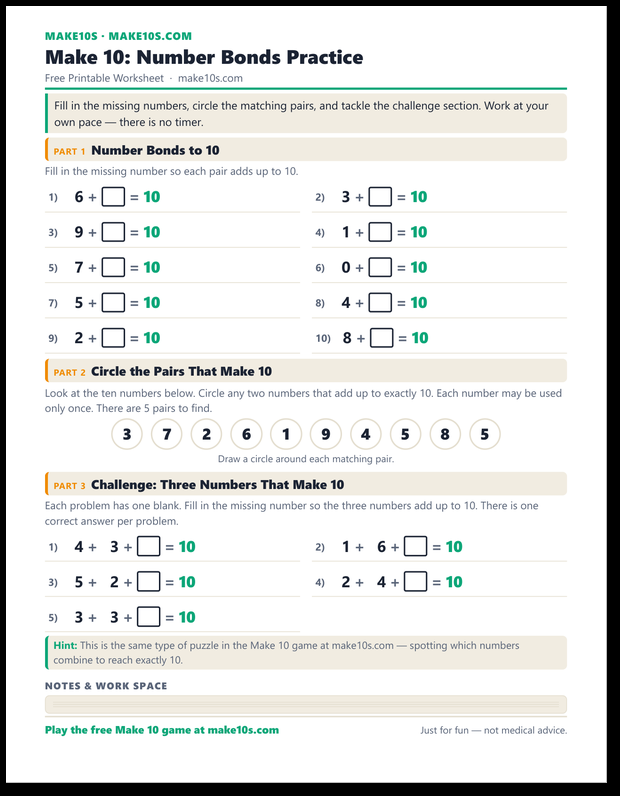Make 10 Number Bonds Practice worksheet — printable PDF preview showing three exercise sections