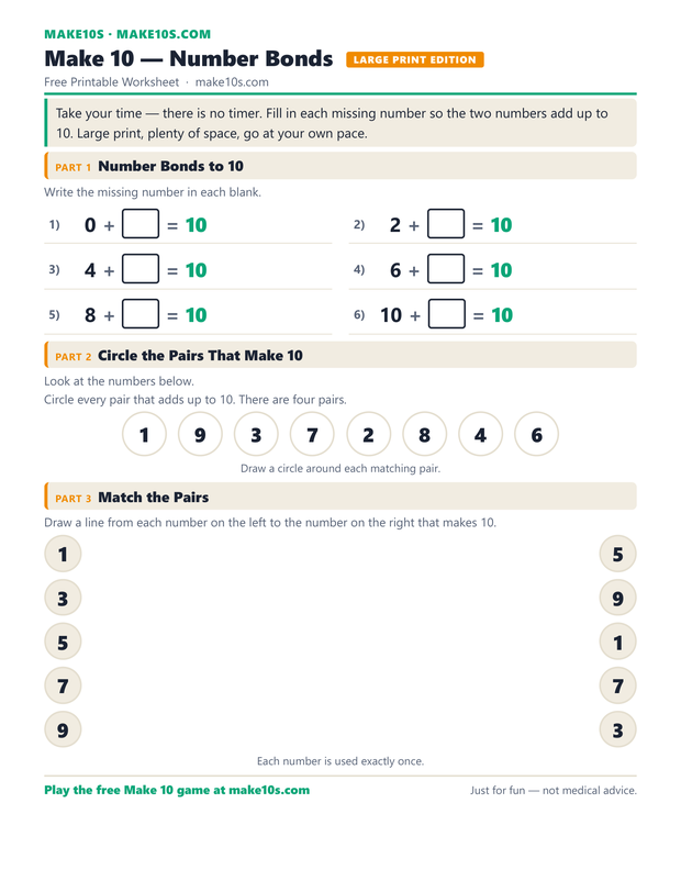Make 10 Number Bonds Large Print Edition worksheet — printable PDF preview with large text and generous spacing