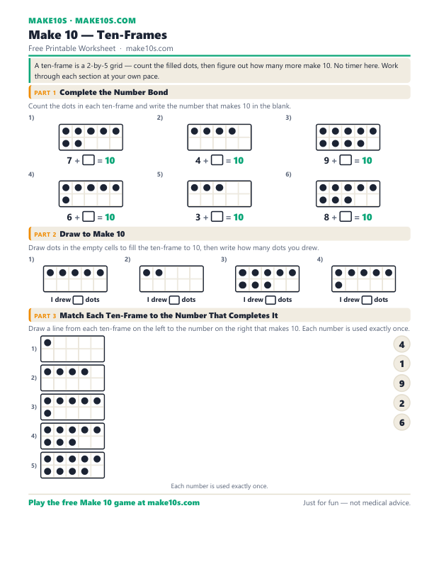Make 10 Ten-Frames worksheet — printable PDF preview showing 2-by-5 dot grids for counting and making 10